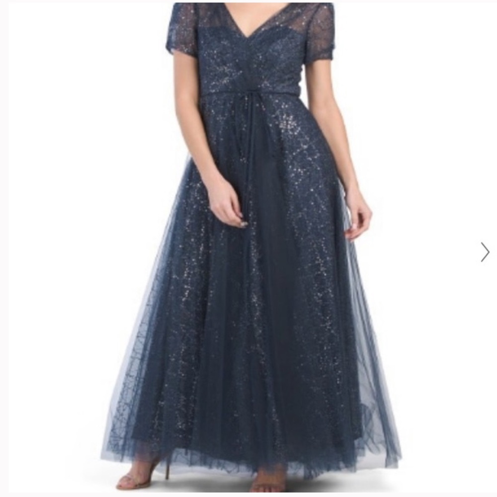 NWT Carmen Marc Valvo Blue Sequin Tulle Formal Fancy Gown 4